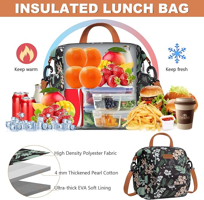 Joymee Lunch Bag Women Insulated Lunch Box Reusable Leakproof Large Spacious Cooler Tote for Women Men Adult with Bottle Holder and Side Pockets for Work Office Travel Picnic -08 Green Leaf