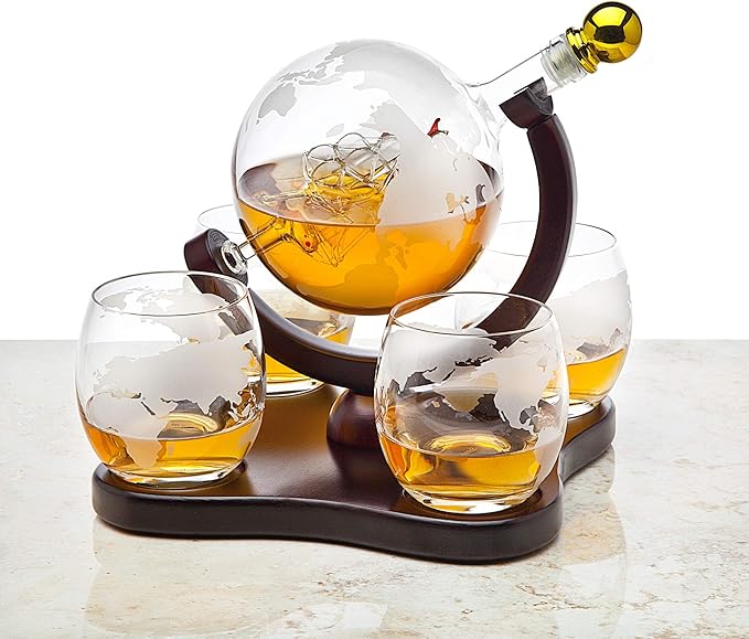 Godinger Whiskey Decanter Globe Set with 4 Etched Glasses for Liquor, Scotch, Bourbon, Vodka, Gifts for Men - 850ml Clear