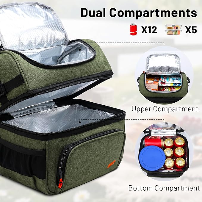 MIER Dual Compartment Lunch Bag Tote with Shoulder Strap for Men and Women Insulated Leakproof Cooler Bag, Army Green