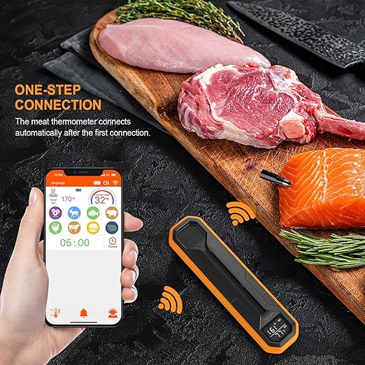 Wireless Meat Thermometer – Digital Cooking Thermometer with Wireless Probe – 500Ft Remote Range Food Thermometer – with iOS & Android Read App -Preprogrammed Temperatures for BBQ, Oven, Grill