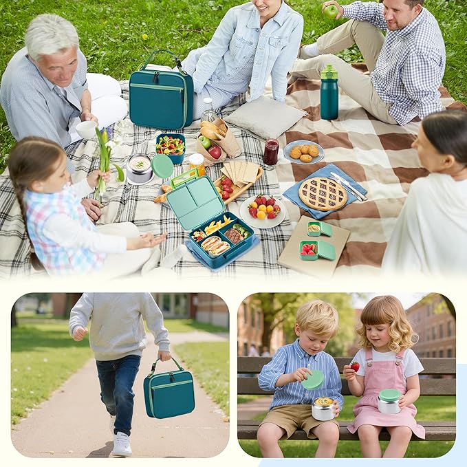 Bento Lunch Box for Kids with 8oz Soup Thermo, Leak-proof Lunch Food Containers with 5 Compartment, Insulated Lunch Bag & 17oz Stainless Steel Water Bottle for School, Trvael