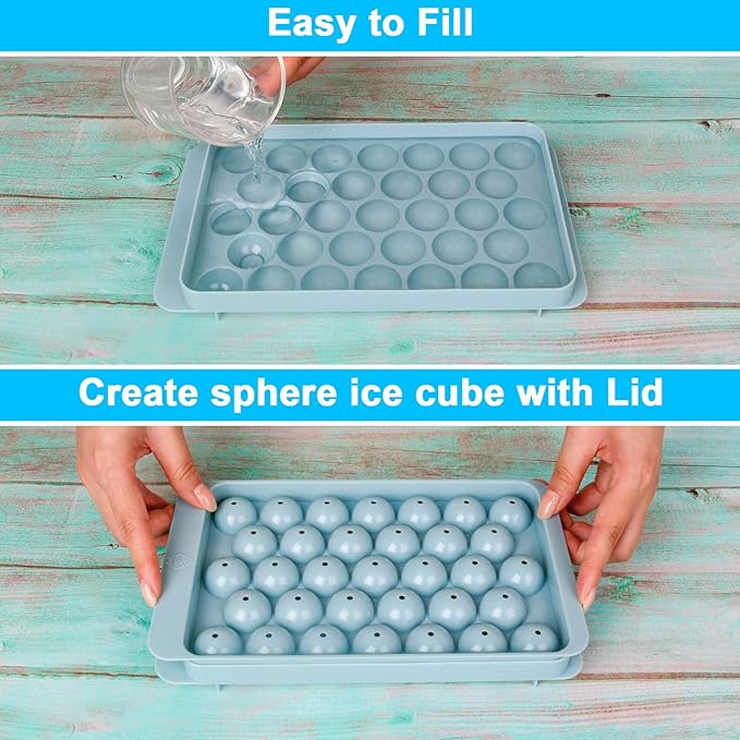 Ice Cube Trays with Lids for Freezer, 66 Sphere Ice Cube Tray with Bin Easy Release for Iced Coffee or Ice Drinks, Ice Tray with Ice Scoop Ice Cube Mold for Reusable Ice Cubes for Ice Bucket