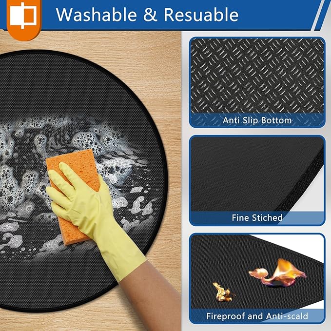 Round Under Grill Mat for Outdoor Grill, 48 Inch Anti-Slip BBQ Floor Mats, Easy to Clean Reusable Fireproof Grill Pad, Oil-Proof Waterproof Protector for Deck Fireplace Pit Mat Black