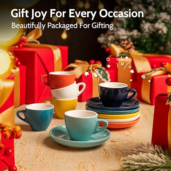 Sweese 2 Ounce Espresso Cups with Saucers, Porcelain Espresso Cups Set of 6 - Hot Assorted Colors