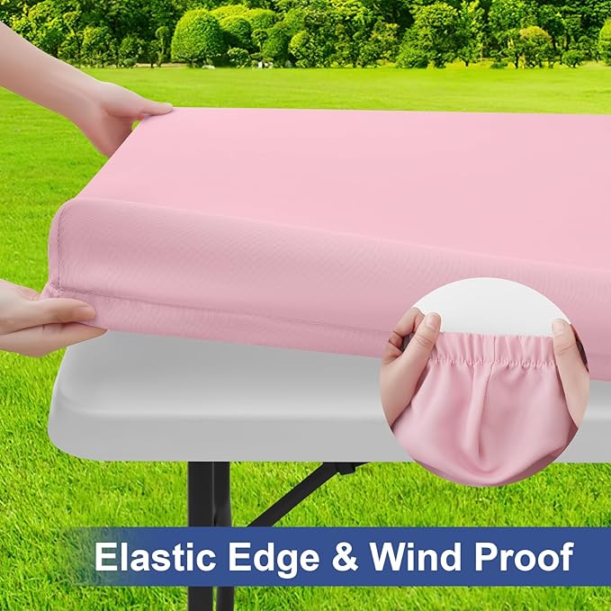 homing Rectangle Table Cloth Cover, Waterproof Polyester Elastic Fitted Tablecloth, Fits for 8 Foot Folding Tables, Washable Table Protector for Picnic, Camping, Outdoor (Pink, 30" x 96")