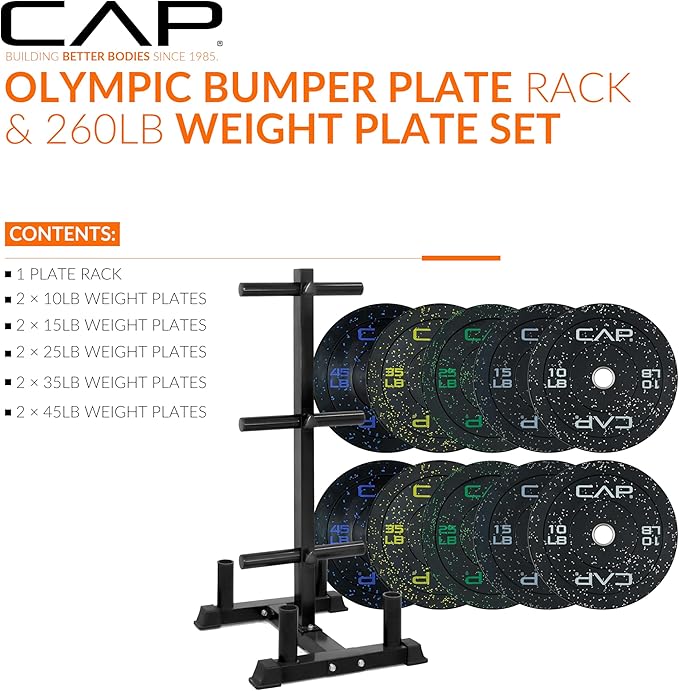 CAP Barbell 2-Inch Olympic Bumper Plate Weight Set with 6 Post Rack | 100-370 lbs | Multiple Options