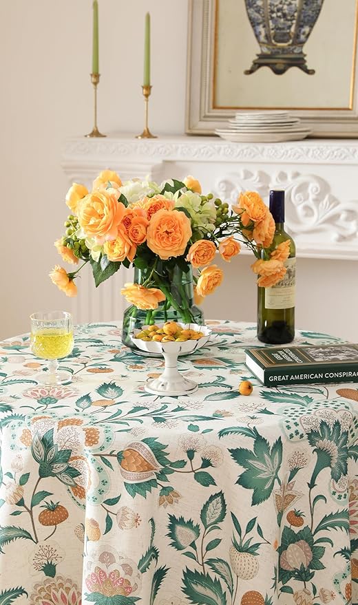 patdrea Designer Green French Table Cloth for Round Table,Vintage Italian Floral Country Linen Breathable Tablecloth,Cover for Kitchen Dining,Christmas,Thanksgiving,Diameter 67"-Tree Life