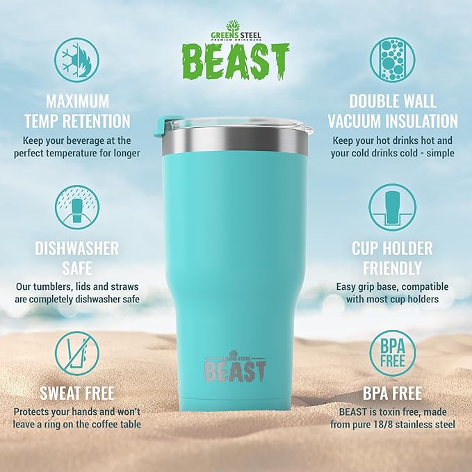 Beast 40 oz Tumbler Stainless Steel Vacuum Insulated Coffee Ice Cup Double Wall Travel Flask (Aquamarine Blue)