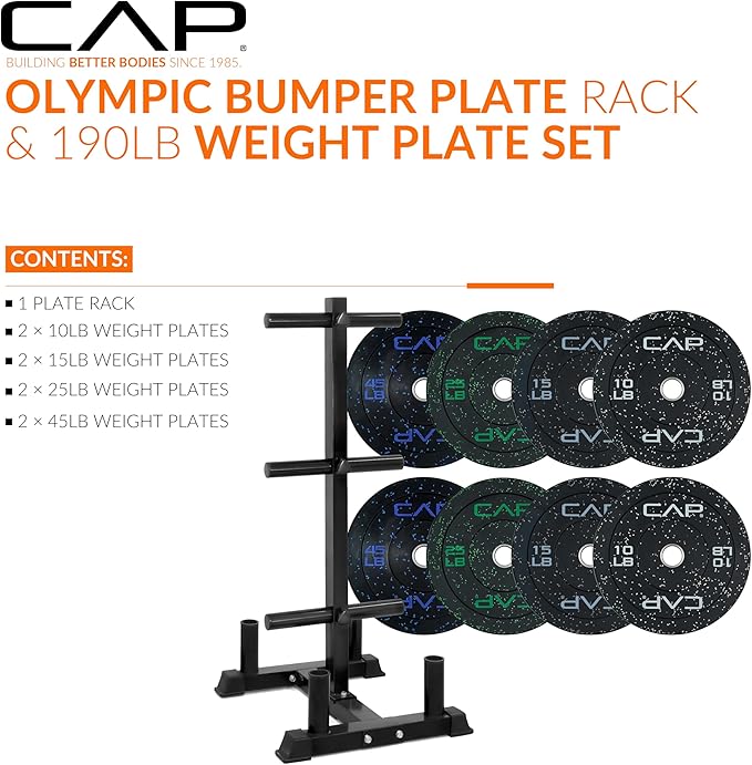 CAP Barbell 2-Inch Olympic Bumper Plate Weight Set with 6 Post Rack | 100-370 lbs | Multiple Options