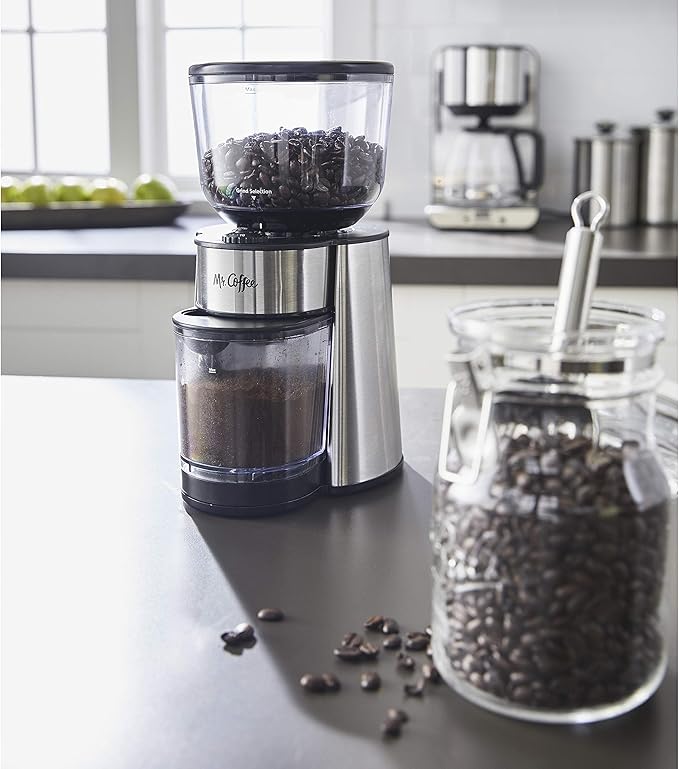 Mr. Coffee Automatic Burr Mill Coffee Grinder with 18 Custom Grinders Silver