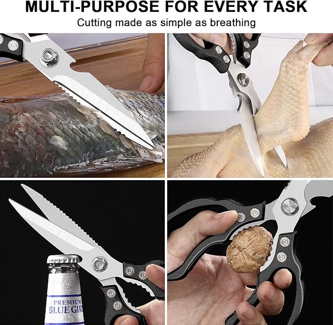 CGBE Kitchen Scissors All Purpose Heavy Duty, Ultra Sharp Stainless Steel Kitchen Shears Dishwasher Safe, Cooking Shears for Chicken, Poultry, Fish, Meat, Herbs & Grapes with Non-Slip Grips - Black