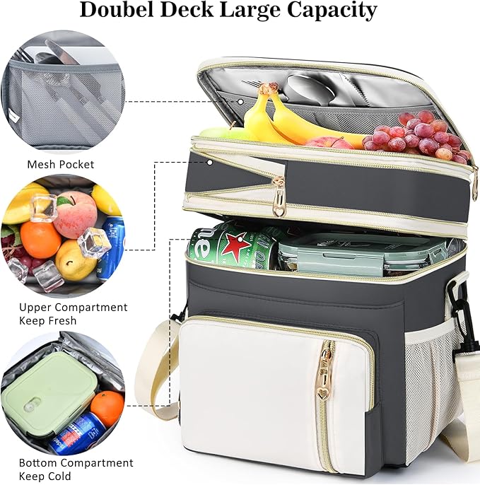 Lunch Box & Lunch Bag for Women Men, Large Insulated Adult Lunch Box Leakproof Lunchbox Cooler Bag for Work Picnic Beach,16L, Grey & White