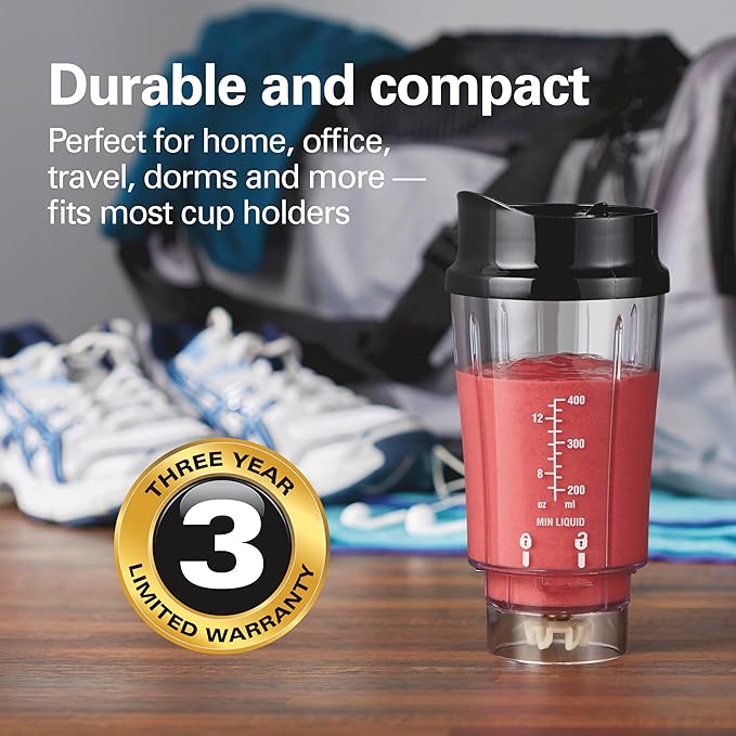 Hamilton Beach Portable Blender for Shakes and Smoothies, 14 Oz BPA Free Travel Cup & Lid, Durable Stainless Steel Blades, Personal Smoothie Blender, Black (51101AG)