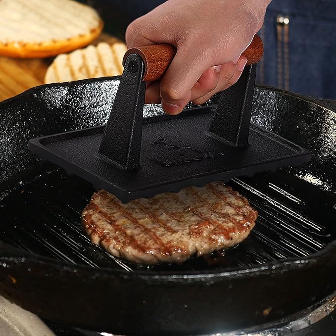 UNCO- Cast Iron Grill Press, 8.5 x 4.1 Inch, 2.6 lbs, Burger Press for Griddle, Sandwich Press, Bacon Press for Griddle, Griddle Press, Meat Press Cast Iron, Hamburger Press for Griddle