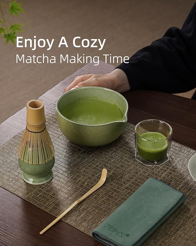 ZENS Matcha Whisk Set, 5pcs Matcha Kit Set Includes Ceramic Bowl, Handcrafted Bamboo Whisk and Chasen Holder, Scoop & Tea Mat, Matcha Tea Ceremony Gift for Matcha Lovers, Emerald Green