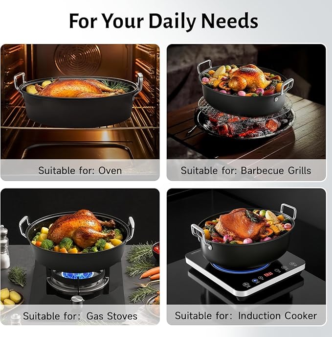 32L Large Oval Roaster Pan, Carbon Steel Roasting Pan with Rack and Lid for Thanksgiving Christmas Party, Turkey Roaster Pan for Chicken Beef Max Load 25 Lbs