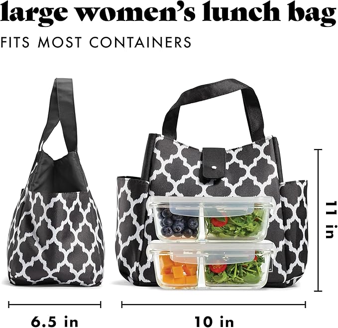 Fit & Fresh Lunch Bag For Women, Insulated Womens Lunch Bag For Work, Leakproof & Stain-Resistant Large Lunch Box For Women With Containers and Matching Tumbler, Snap Closure Westport Bag Black/White