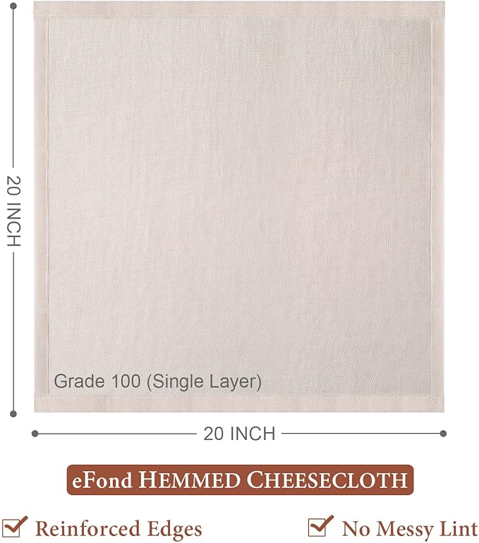 eFond Cheese Cloths, 3-Pack, 20x20Inch Squares with Hemmed Edges, Grade 100 Ultra Fine Reusable Cheesecloth for Straining, Unbleached Cotton Muslin Cloths for Cooking, Nut Milk, Butter & Baking