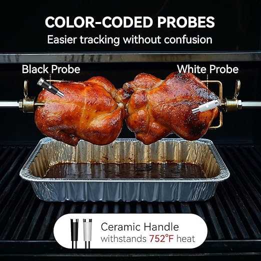 BFOUR 524FT Meat Thermometer Digital Wireless with Smart App, Bluetooth Smoker Cooking Thermometer with LCD Booster, IP67 Waterproof & 752°F Heat Resistance 2 Meat Probes for Food Grill Oven and BBQ