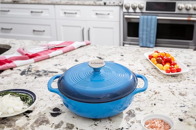 Lodge 3 Quart Enameled Cast Iron Dutch Oven with Lid – Dual Handles – Oven Safe up to 500° F or on Stovetop - Use to Marinate, Cook, Bake, Refrigerate and Serve – Caribbean Blue