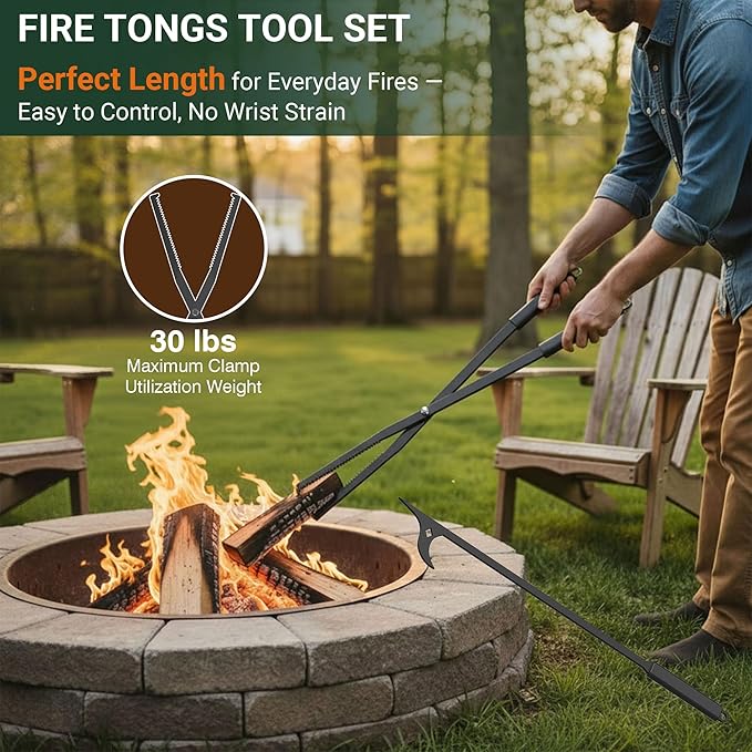 Tredre Fire Tongs and Fire Poker Set, Manganese Steel Fire Pit Tools for Outside, Heavy Duty Fireplace Tongs Log Grabber for Campfire, Wood Stove, Rust-Resistant Firewood Tong Set