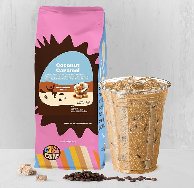 Crazy Cups Flavored Ground Coffee, Coconut Caramel Coffee, For Brewing Flavored Hot or Iced Caramel Coffee, 10oz, Pack of 1