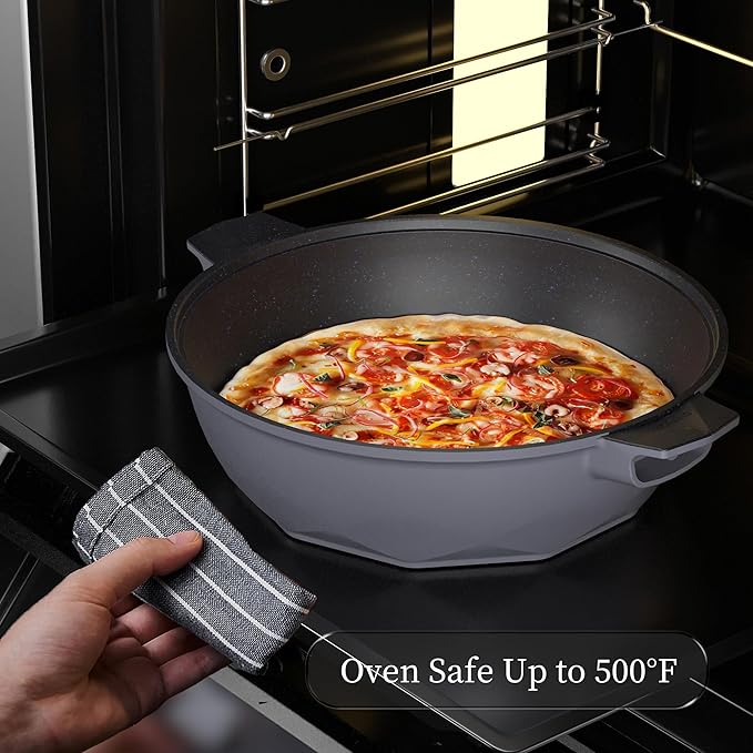 TIBORANG Nonstick Frying Pan, 5 Quart Large Wok, Deep Skillet With Lid, Stay-Cool Handle, Steamed Grid, PFOA-Free, Dishwasher & Oven Safe, Works With All Stovetops (Charcoal)