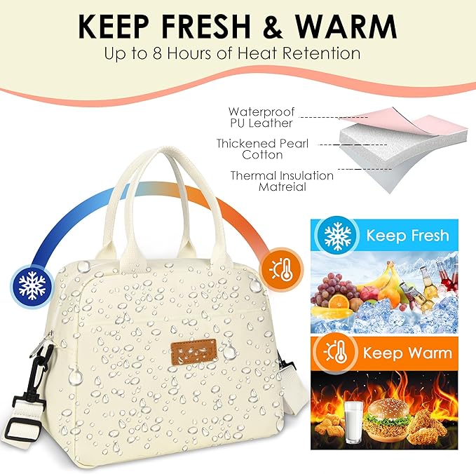 LOKASS Lunch Bag for Women-Insulated Adults Lunch Box with Front Pocket- Small Cute Lunch Tote for Work-Reusable Cooler Bag for Office Picnic Beach or Travel（Beige）