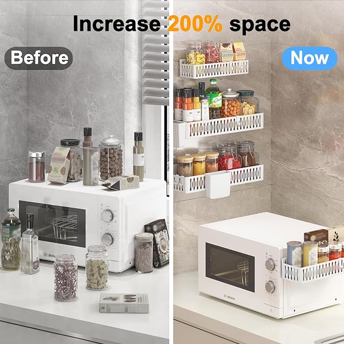 4 Pack Large Magnetic Spice Rack for Refrigerator, Spice Rack Organizer, Moveable Magnetic Shelf Fridge Organizer with 4 Hooks for Kitchen and Oven Organization, White
