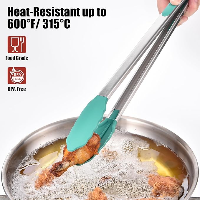Doosu Kitchen Tongs for Cooking - 600°F Heat Resistant Food Tong with Non-Scratch Silicone Tips, Heavy Duty Stainless Steel Locking Tong for BBQ, Grilling Steak, Serving Salad, Pasta (16in, Aqua Sky)
