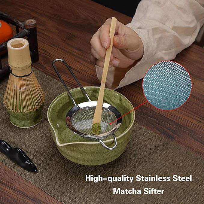 Matcha Whisk Set, Matcha Bowl with Spout, Matcha Whisk and Holder, Bamboo Matcha Scoop and Stainless Steel Sifter - 5 Pcs Mottled Green Kit Gift for Birthday Christmas