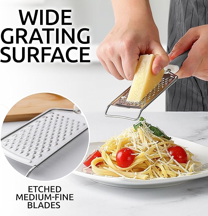Zulay Kitchen Professional Cheese Grater Stainless Steel - Durable Rust-Proof Metal Lemon Zester Grater With Handle - Flat Handheld Grater For Cheese, Chocolate, Spices, And More - Grey