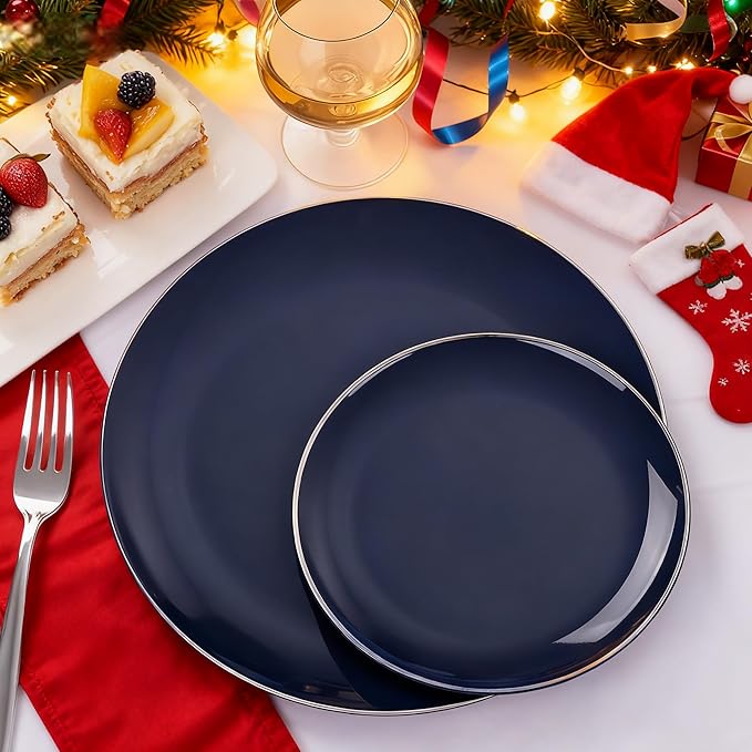KIRE 200PCS Blue Plastic Plates with Silver Rim - Navy Blue Plastic Plates Include 100 Dinner & Dessert Plate - Heavy Duty Dark Blue Disposable Plate for Parties/Wedding