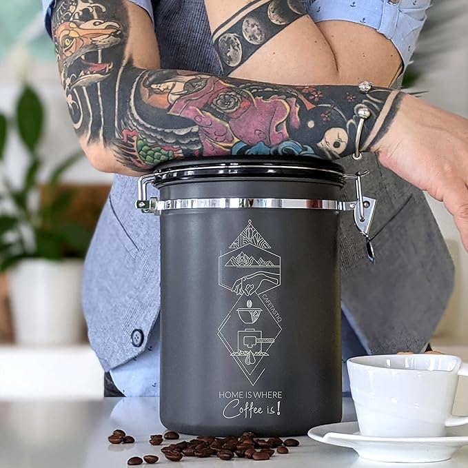 Large Coffee Canister – Airtight Stainless Steel Storage Container with Date Tracker & Scoop, Sealed Jar for Grounds, Beans, Tea, Flour, Cereal, and Sugar (Gray Home, 38OZ)
