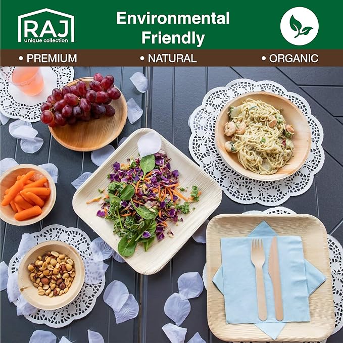 Raj Disposable Palm Leaf Bowls (100 Count, 4" Square Bowls) Strong Bowl Like Bamboo Party Bowl - Decorative Compostable Tableware for Lunch, Dinner, Birthday, Outdoor, BBQ, Picnic.