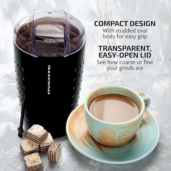 OVENTE Electric Coffee Grinder for Beans, Spices and More, 2.5Oz Compact Grinding Mill, Spice Grinder with Stainless Steel Blade, Pulse Button Operation and Transparent Easy to Open Lid, Black CG225B