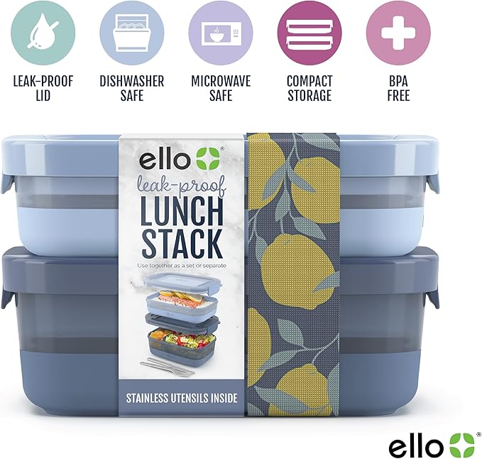Ello 2-Pack Lunch Stack Plastic Food Storage Container Bento Box with Airtight, Leak-Proof Locking Plastic Lids and Silicone Base, BPA-Free, Freezer, Microwave, and Dishwasher Safe