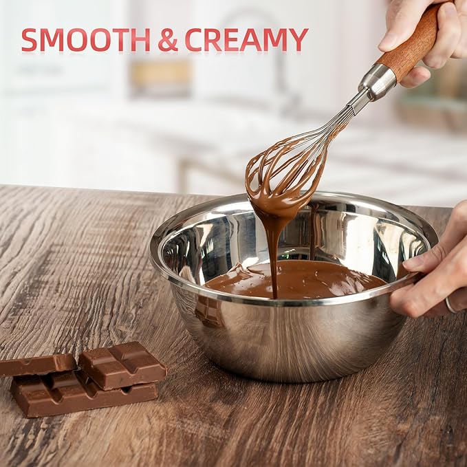 Whisk for Cooking,Stainless Steel Wire Wooden Handle Kitchen Multi Function Non Stick Balloon Whisk Egg Beater for Blending Whisking Beating Frothing Stirring Batters (11"L x 2.1"W)
