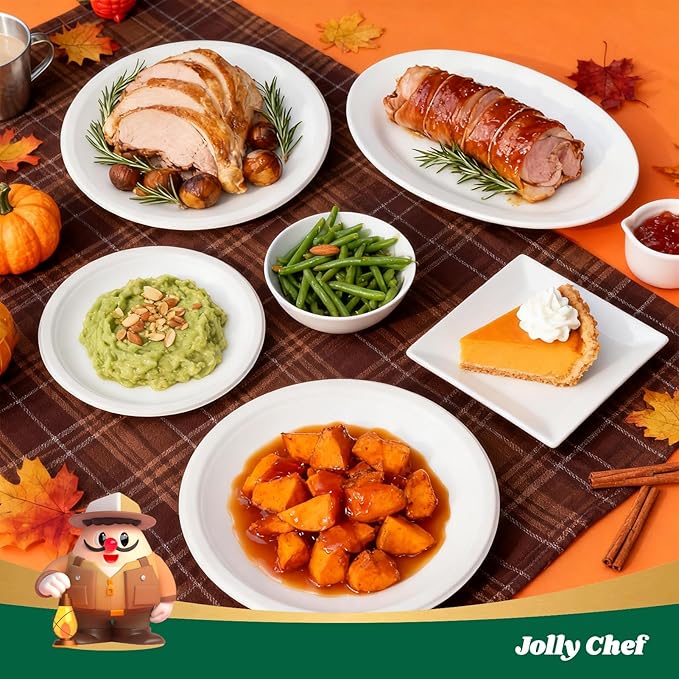 JOLLY CHEF Compostable Heavy Duty Plates 𝟭𝟬 𝗜𝗻𝗰𝗵 [𝟭𝟮𝟱 𝗣𝗮𝗰𝗸] Eco-Friendly Disposable White Paper Plates Made of Bagasse Biodegradable for Party Dinner Sugarcane Fibers Thanksgiving Day