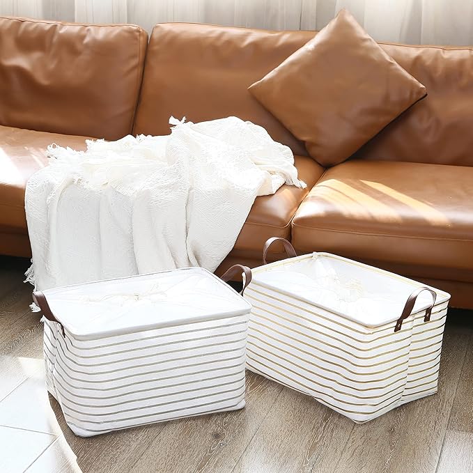 Hinwo 31L Large Storage Bins, 4-Pack Closet Organizers and Storage, Foldable Clothes Storage Baskets with Handles, Containers for Clothing, Blanket, Towels, Toys, Bedding (Gold Stripe)