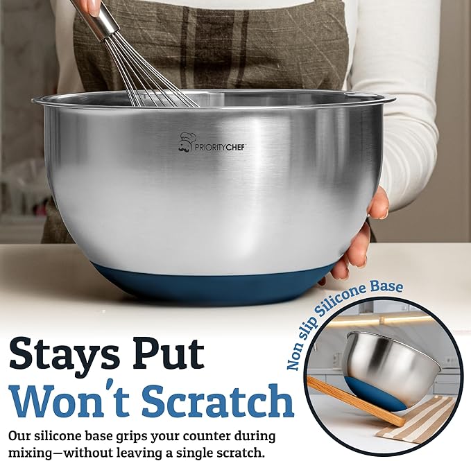 Priority Chef Stainless Steel Mixing Bowls with Lids Set, Metal Nesting Bowls with Airtight Lids, Graters, Non-Slip Base & Measurement Marks, Includes Utensil Set for Prep, Baking & Storage, Blue