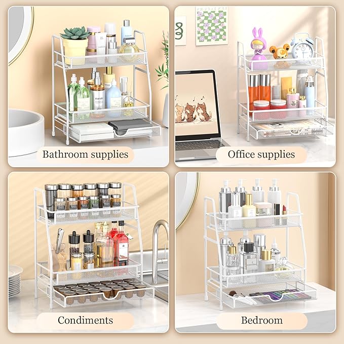 LEMIKKLE 2-Tier Bathroom Counter Organizer with Drawers, Multi-Purpose Makeup Organizer Countertop, Large Skincare Organizers, Exquisite Vanity Shelf