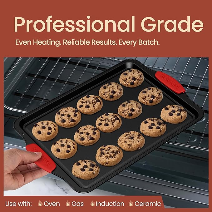 Baking Pan Set – 3 Piece Cookie Sheet – Deluxe Black Non-Stick Carbon Steel – Silicone Handles – Commercial Grade Restaurant Quality – PFOA PFOS and PTFE Free by Bakken