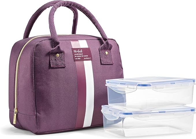 Fit & Fresh Lunch Bag For Women, Insulated Womens Lunch Bag For Work, Leakproof & Stain-Resistant Large Lunch Box For Women With 2 Large Containers, Zipper Closure Bloomington Lunch Bag, Plum Stripe