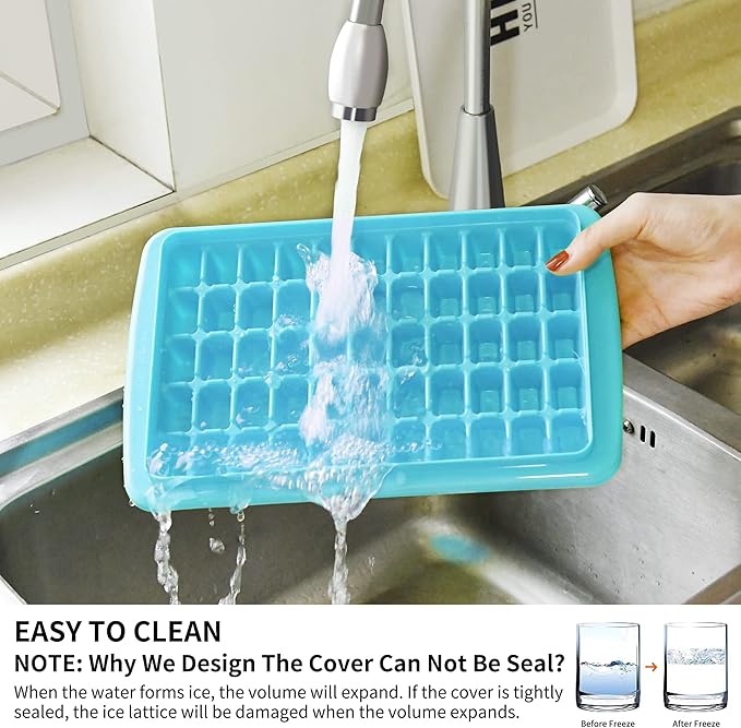 2 Pack Ice Cube Tray with Lid and Bin for Freezer, Easy Release 55 Nugget Ice Tray with Cover, Storage Container, Scoop. Perfect Small Ice Cube Maker Tray & Mold. Flexable Durable Plastic, BPA Free