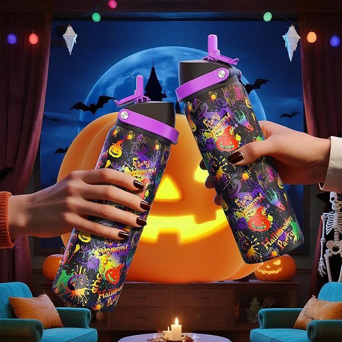 ENCOOL Halloween Insulated Water Bottle with Straw - Stainless Steel Water Bottle with Push Button Lid, Leak-Proof BPA-Free, Keeps Cold for 24 Hours for Halloween gifts, Party (24 oz, Ghost Party)