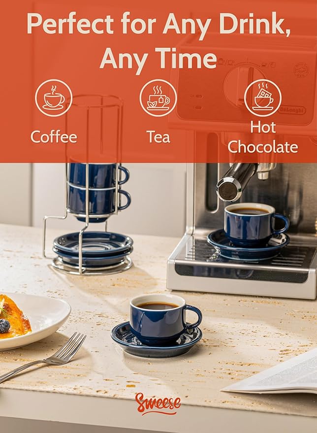 Sweese 2.5 Ounce Porcelain Stackable Espresso Cups with Saucers and Metal Stand Set of 4, Navy