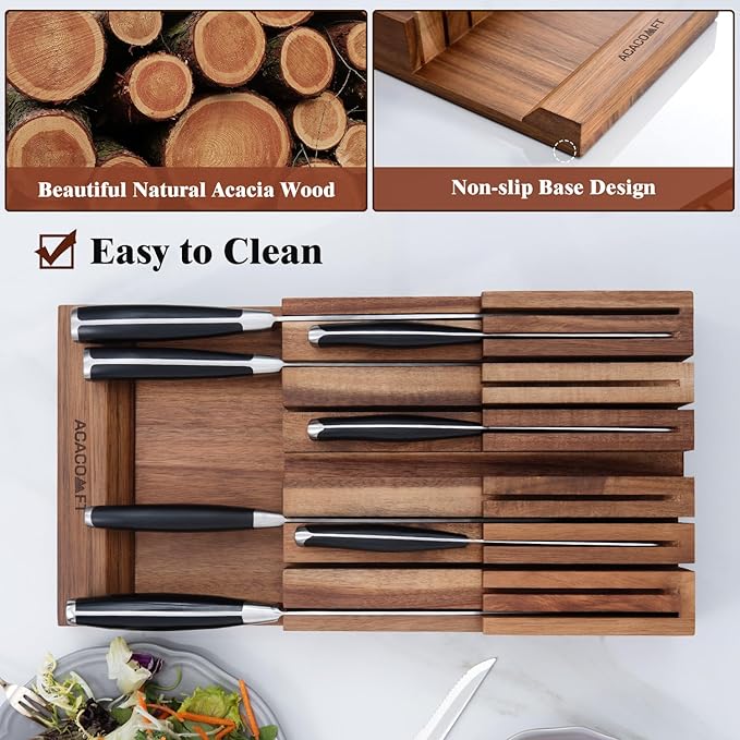 In-Drawer Knife Block, Acacia Wood Kitchen Knife Drawer Organizer, Knife Holder without Knives For Up to 12 Knives Steak Knife Chef Knife