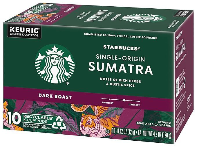 Starbucks Coffee Company Starbucks Single-Origin Coffee K-Cup Pods, Sumatra, Dark Roast Ground Coffee K-Cups for Keurig Brewing System, 100percent Arabica Coffee, 10 CT K-Cups/Box (Pack of 2 Boxes)