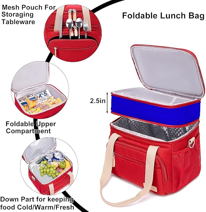 Weitars Lunch Bag for Women, Loncheras Para Mujer Waterproof Reusable Large Dual Compartment Lunch Box Wide-Open Cooler Tote Bag For Nurse Office Working Picnic Hiking (15L) (Red)